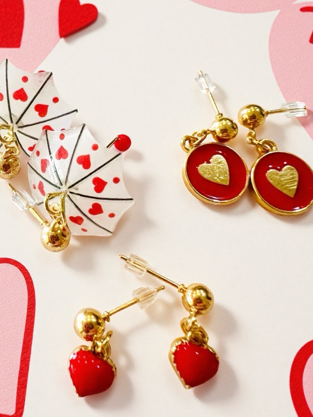 Teeny Tiny Umbrella Gold-Tone Red Hearts and Hearts Drop Earring Set of 3 - Picture 7 of 16